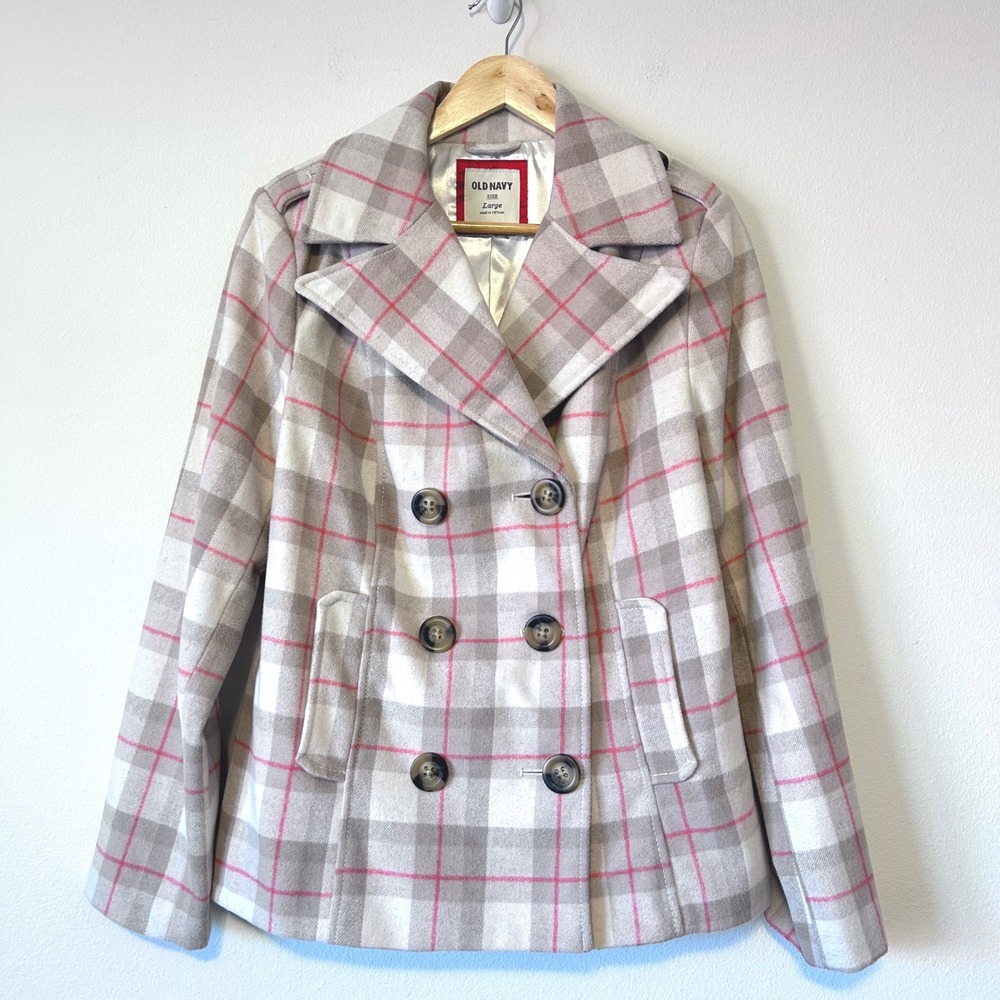 Preppy Old Navy Womens Large Plaid Wool Blend Double Breasted Pea Coat Tan Pink